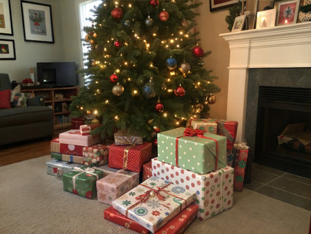 A pile of wrapped presents sits under a decorated Christmas tree, ready to be opened.の写真素材