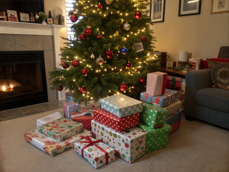 A pile of wrapped presents sits under a decorated Christmas tree.の写真素材