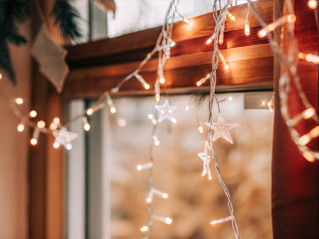 Close-up of fairy lights on a dark background, creating a warm and magical ambiance.の写真素材