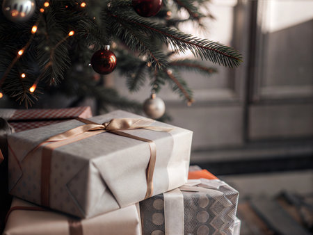 A pile of presents sits under a decorated Christmas tree, ready to be opened.の写真素材