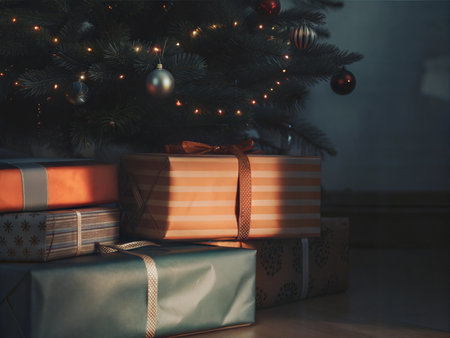 A pile of wrapped gifts sits under a decorated Christmas tree.の写真素材