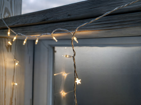 Close-up of fairy lights creating a warm, ambient glow against a dark background. Ideal for festive or magical themes.の写真素材