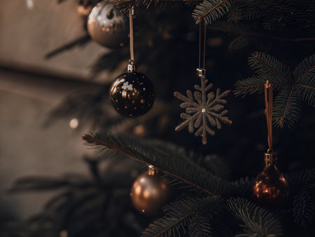 Detailed view of various ornaments hanging on a decorated Christmas tree.の写真素材