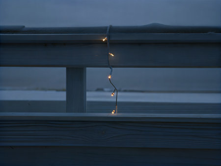Close-up of fairy lights strung against a dark background, creating a warm and inviting glow.の写真素材