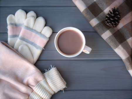 A warm and inviting flatlay featuring cozy mittens, soft scarves, and a steaming mug of hot chocolate. Perfect for winter-themed projects.の写真素材