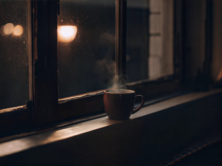 A steaming cup of coffee sits on a windowsill, overlooking a blurry cityscape. Sunlight streams in, warming the scene.の写真素材