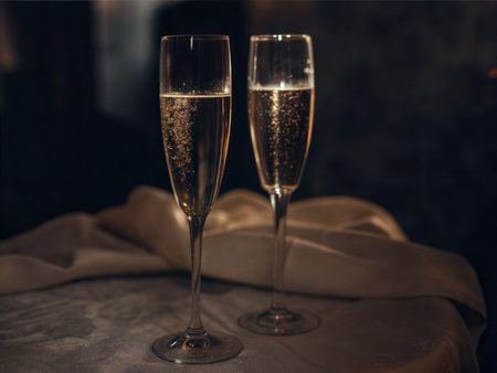 Close-up of two elegant champagne glasses with bubbles rising.  Perfect for celebratory occasions.の写真素材