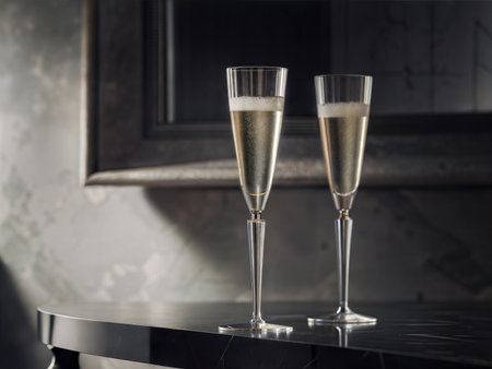 Close-up of two elegant champagne glasses with bubbles rising. Festive and celebratory mood.の写真素材