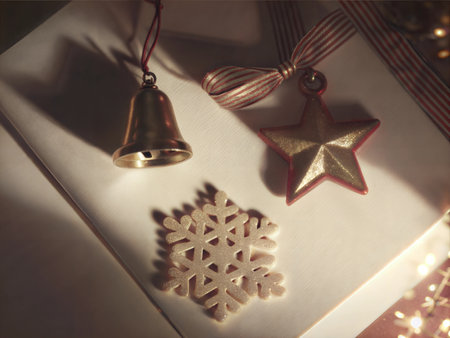 A collection of simple ornaments arranged in a flat lay on a white or pastel background.の写真素材