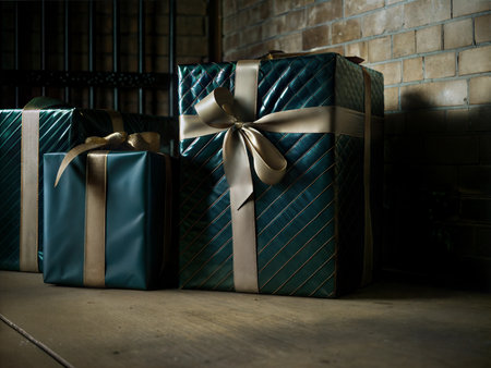 Close-up shot of beautifully wrapped gift boxes tied with elegant ribbons, perfect for holidays or special occasions.の写真素材