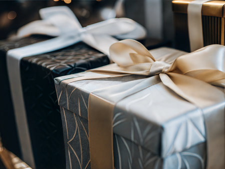 Close-up shot of beautifully wrapped gift boxes tied with elegant ribbons, perfect for holidays or special occasions.の写真素材