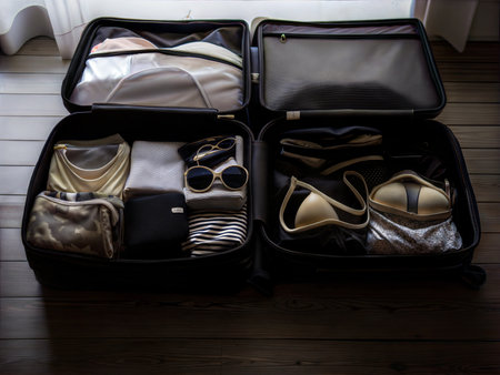 Close-up of packed suitcases filled with clothing and travel essentials, ready for a holiday trip.の写真素材