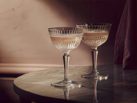 Close-up of two elegant champagne glasses with bubbles rising. Festive and celebratory.の写真素材