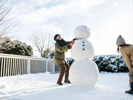 Children playfully building a snowman and engaging in a snowball fight on a snowy day.の写真素材
