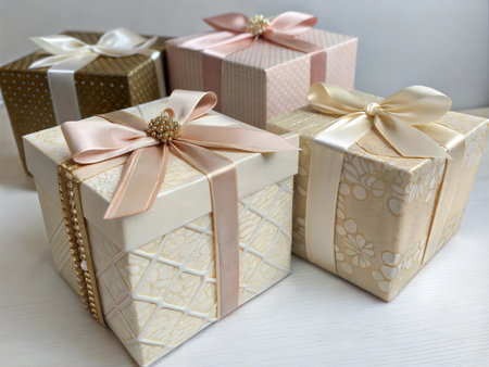 Close-up shot of beautifully wrapped gift boxes tied with elegant ribbons. Ideal for holiday or celebratory themes.の写真素材