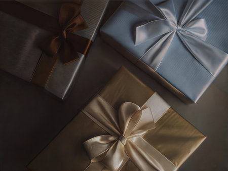 Close-up shot of beautifully wrapped gift boxes tied with elegant ribbons, perfect for holidays or special occasions.の写真素材