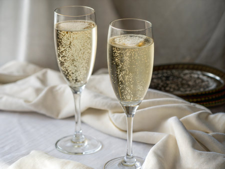 Close-up of two elegant champagne glasses with bubbles rising. Festive and celebratory image, perfect for holidays or special occasions.の写真素材