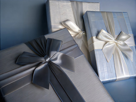 Close-up of beautifully wrapped gift boxes tied with elegant ribbons, perfect for holidays or special occasions.の写真素材