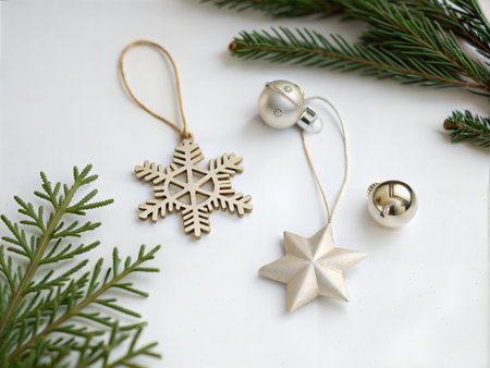 Simple, pastel-colored ornaments arranged in a flat lay on a white background.  Perfect for holiday or winter themes.の写真素材
