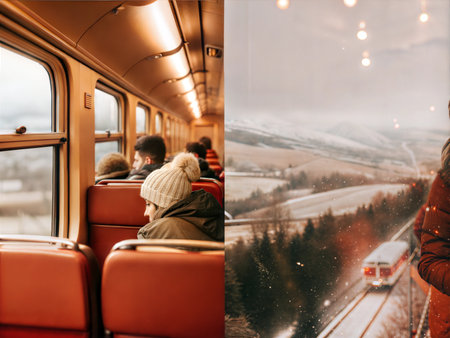 A scenic train journey through a mountain range with lush greenery and clear skies.の写真素材