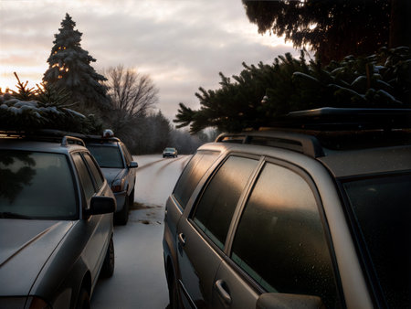 Cars parked in the snow with Christmas trees tied to their roofs.