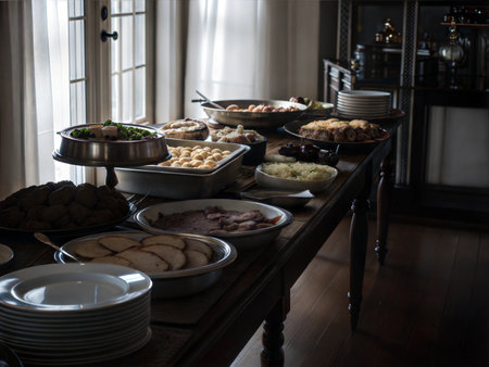 Tables laden with roasted meats and holiday dishes. A festive scene of family gathering.の写真素材