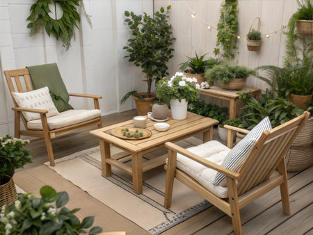 A cozy living room with natural wood elements and plants, showcasing Scandinavian interior design.の写真素材