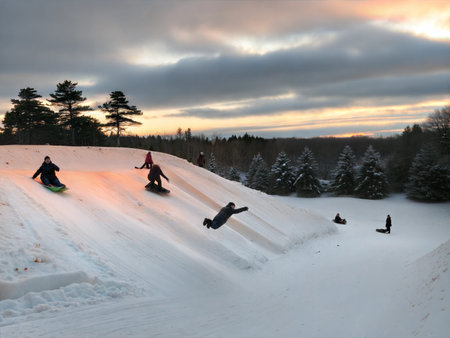 Thrilling action shot of people skiing, snowboarding, and sledding down a snowy slope.
