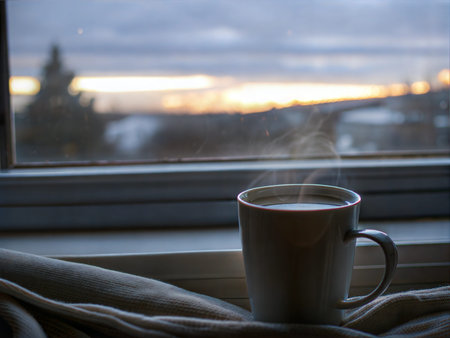 A steaming cup of coffee or tea sits on a windowsill, sunlight illuminating the scene. Warm,...
