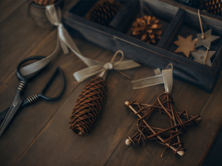 Close-up of handmade pine cone ornaments and twig stars. Rustic and natural DIY decorations, perfect for Christmas or autumn.の写真素材