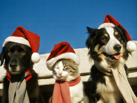 Adorable cats and dogs wearing Santa hats and scarves for Christmas.の写真素材