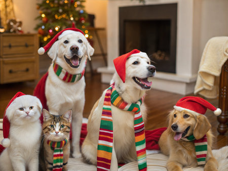Adorable cats and dogs wearing Santa hats and scarves for Christmas.  Perfect for holiday cards or pet-themed projects.の写真素材
