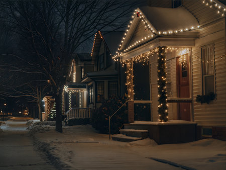 Houses decorated with bright Christmas lights create a magical festive atmosphere.の写真素材