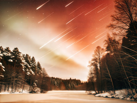 Vibrant aurora borealis illuminating a winter landscape with snow-covered trees and mountains.の写真素材