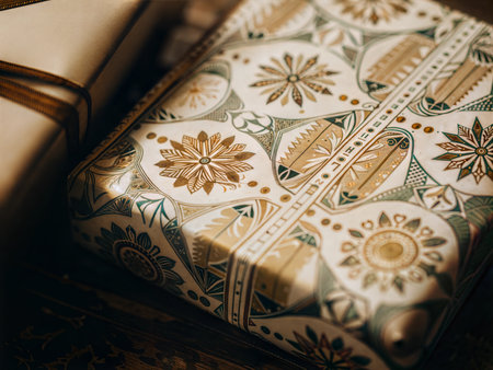 Close-up of wrapping paper with detailed, ornate patterns.の写真素材
