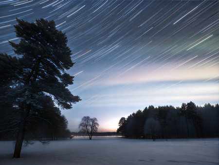 Stunning aurora borealis display illuminating a snow-covered winter landscape at night. Vibrant...