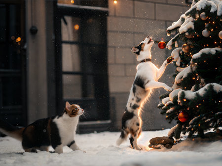 Happy dogs and cats enjoy the winter season, playing together near a decorated Christmas tree.の写真素材