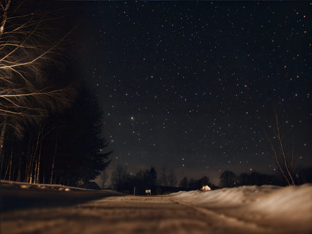 A breathtaking view of a starry night sky over a snow-covered landscape.の写真素材