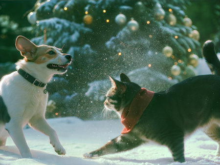 Dogs and cats frolic playfully in a snowy landscape near a decorated Christmas tree. Festive winter...