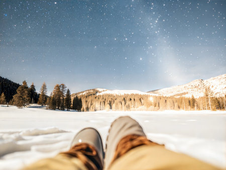 A breathtaking view of a starry night sky over a snow-covered landscape. Perfect for winter or nature themes.の写真素材