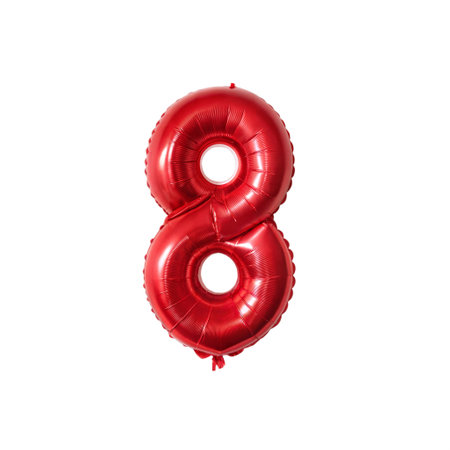A red balloon in the shape of the number 8 floats against a clean white background. Ideal for celebrations or educational content.の写真素材