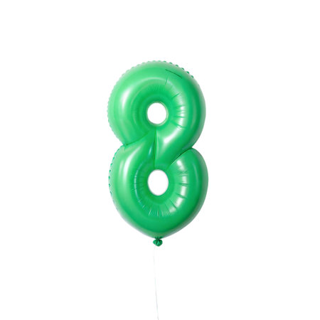 Number 8 green balloon isolated on white background. Birthday or anniversary party decoration.