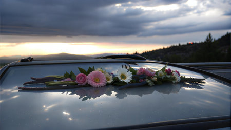 Close-up of a wedding car decorated with a beautiful arrangement of pink, white, and blue flowers, set against a scenic sunset backdrop.の写真素材