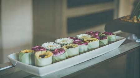 Close-up of a white tray with small, colorful flowers arranged neatly. The flowers are in individual...