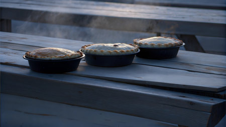 Three freshly baked pies, steaming hot, sit on a rustic wooden table outdoors at sunset.の写真素材
