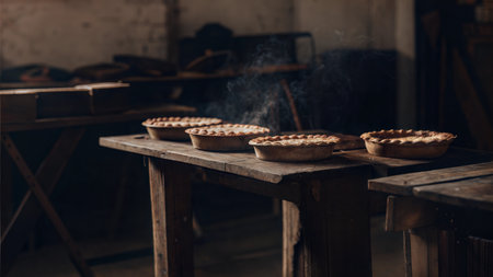 Warm apple pies on a rustic wooden table in a dimly lit room, emitting steam.  A cozy and inviting scene.の写真素材