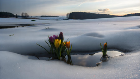 Colorful crocuses blooming in a small meltwater pool surrounded by snow.  A beautiful winter scene.の写真素材