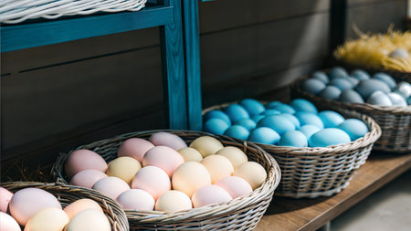 Various pastel-colored eggs in wicker baskets on a wooden shelf.  A spring or Easter theme.