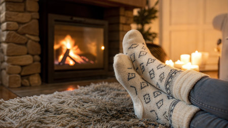 Person's feet in warm socks relaxing by a fireplace on a cold winter evening.の写真素材