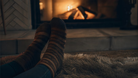 Person's feet in warm socks relaxing by a burning fireplace. A cozy and comfortable winter scene.の写真素材